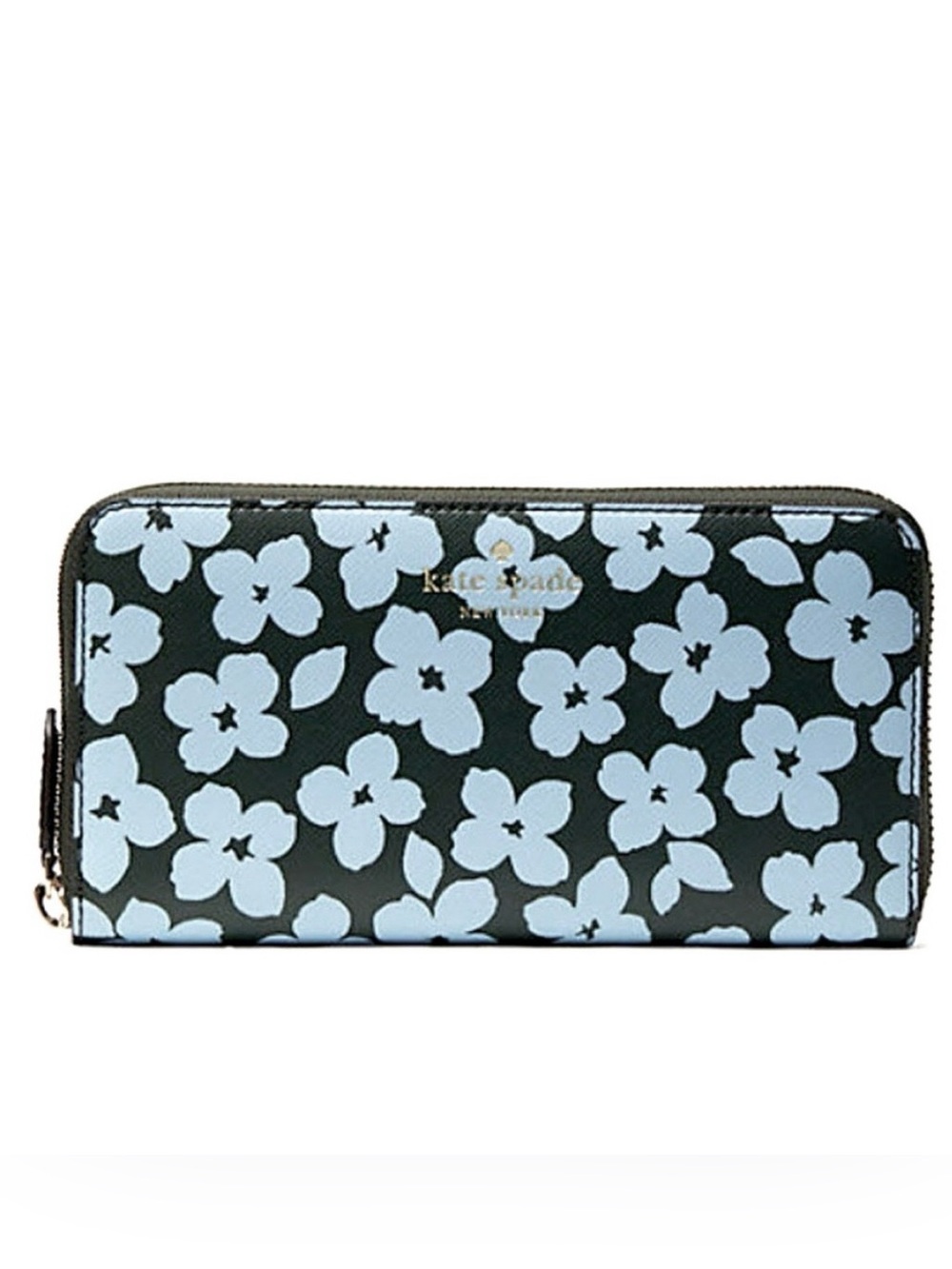 ♠️Kate spade “Graphic Blooms” Black and Light Blue Floral Zip-Around Wallet